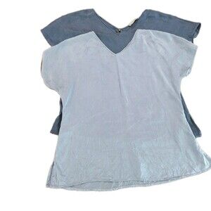 TWO Ravella Women Blue Silk Sleevless Quiet Luxury Short Sleeve Shirt Size S/6